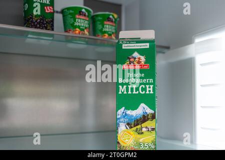 Augsburg, Bayern, Deutschland - 21. Juni 2023: Milch und Milchprodukte in einem Kühlschrank *** Milch und Milchprodukte in einem Kühlschrank Stockfoto