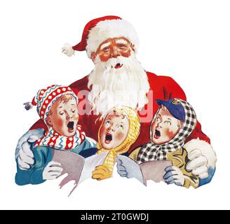 Detail aus einer Weihnachtswerbung für Crawford Biscuits aus dem Jahr 1948. Weihnachtsvater oder Weihnachtsmann mit drei jungen weihnachtsliedern. Stockfoto