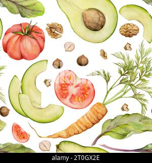 Handgezeichnet Aquarell Gemüse, Salat und Nüsse Mischung für Ernährung, gesunden Lebensstil, vegane Kochen. Abbildung nahtloses Muster isoliert auf weiß Stockfoto