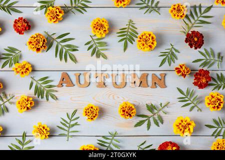Kreatives Layout aus Blumen und Ringelblumen auf einem blauen Holztisch. Grußkarte mit Blumenmuster. Farbenfroher Herbstblumenhintergrund mit Platz für Te Stockfoto