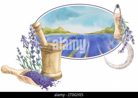 Kupfermörtel, getrocknete Lavendelblüten im Löffel, eine Sichel zum Kräuterschneiden. Dekorative Komposition im provenzalischen Stil. Saubereres Produktionskonzept, ho Stockfoto