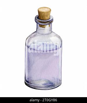 Eine Flasche ätherisches Lavendelöl oder Wasser mit Wasser. Ein natürlicher Inhaltsstoff für Kosmetik, Parfums. Duftendes Lavendelhydrolat. Aquarellillustratio Stockfoto