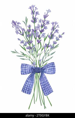 Lavendelstrauß mit lila Schleife, in Aquarell auf weißem Hintergrund gemalt. Illustration mit Blumenaquarell. Ideal zum Erstellen von Einladungen, Stockfoto