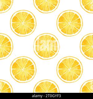 Aquarellmuster mit Zitronenmuster. Reife runde Scheiben Zitrusfrüchte auf weißem Hintergrund. Tropisches Sommerdesign für Stoff, Tapeten, Verpackungen, Stockfoto
