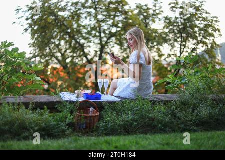 Rückansicht Foto einer jungen Frau im Sommerkleid, die unter einem großen Baum sitzt und im Handy schaut Stockfoto
