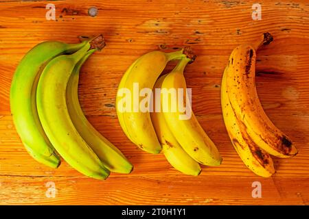 Drei Bananen von grün bis überreif auf hölzernem Hintergrund Stockfoto