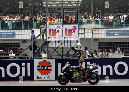 September 2023, Buddh International Circuit, Dankaur, Greater Noida, Uttar Pradesh, Indien: Indian Oil MotoGP Grand Prix von Indien auf dem Buddh International Circuit feiert Marco Bezzecchi den Sieg Credit: Action Plus Sports Images/Alamy Live News Stockfoto