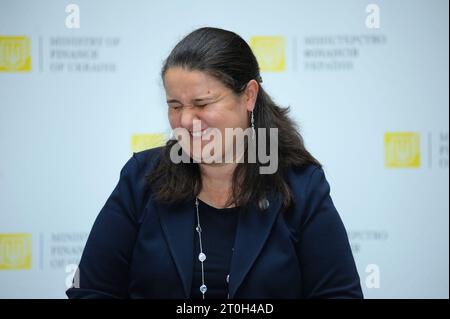 Oksana Markarova, Finanzministerin der Ukraine, hält Pressekonferenz. September 2019. Kiew, Ukraine Stockfoto