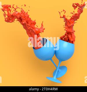 Weingläser mit Rotweinspritzern Flüssigkeit isoliert auf orangenem monochromen Hintergrund. 3D-Rendering der Getränkeschablone zum Toasten und Feiern Stockfoto