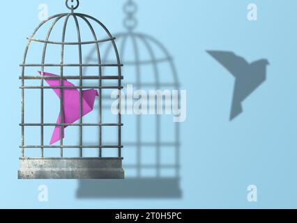 Freiheit. Origami-Vogel im Käfig und der Schatten auf hellblauem Hintergrund Stockfoto