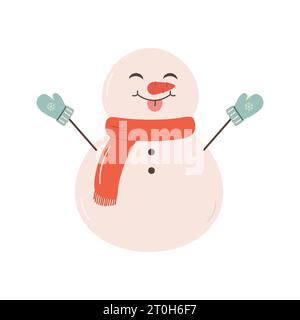 Der Schneemann zeigt seine Zunge, fängt Schneeflocken mit seiner Zunge. Vektorillustration auf weißem Hintergrund Stock Vektor