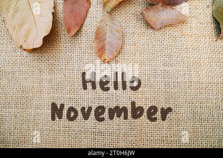 Hallo November Begrüßungsnotiz – Handschrift in einem Desktop-Kalender auf Sackleinen Hintergrund mit trockenen Blättern. Konzeption der Herbstsaison. Stockfoto