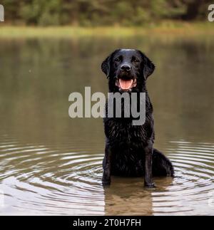 Black labrador Retriever sitzt im Wasser Stockfoto