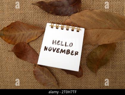 Hallo November Begrüßungsnotiz – Handschrift in einem Desktop-Kalender auf Sackleinen Hintergrund mit trockenen Blättern. Konzeption der Herbstsaison. Stockfoto