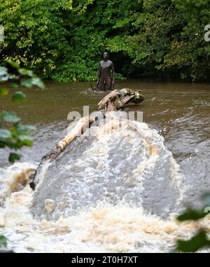 Edinburgh, Schottland, Großbritannien. Oktober 2023. Starke anhaltende Regenfälle über Nacht führen zu örtlich begrenzten Überschwemmungen rund um das Wasser von Leith und im Stadtzentrum. Antony Gormley Statue am Bells Weir im Hochwasser. Quelle: Craig Brown/Alamy Live News Stockfoto