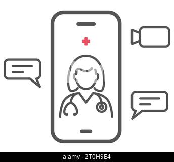 Online-Beratung mit Arzt, Telemedizin, Online-Therapie und Telehealth Line Icon, Vektor Stock Vektor