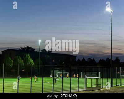 Fußballplatz und Fußballspiel, Training, künstlich beleuchtet, Flutlicht, Lübbenau, Brandenburg, Deutschland Stockfoto