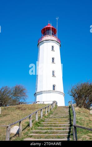 Denkmalgeschützter Leuchtturm oder Leuchtturm Dornbusch am Schluckswiek oder Schluckwieksberg, Holztreppen zum Turm, Windschutzbüsche, Hochland in Stockfoto