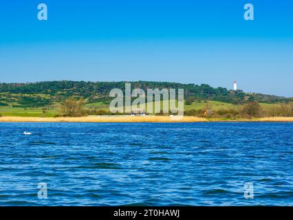 Denkmalgeschützter Leuchtturm oder Leuchtturm Dornbusch am Schluckswiek oder Schluckwieksberg, Hochland im Norden der Ostseeinsel Hiddensee, strohgedeckt Stockfoto