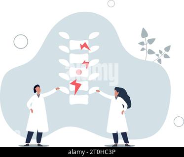 Flaches, winziges Alternativmedikament-Personenkonzept. Wirbelsäulenschmerzen, Probleme und Störungen manuelle Therapie. Vektorillustration Stock Vektor