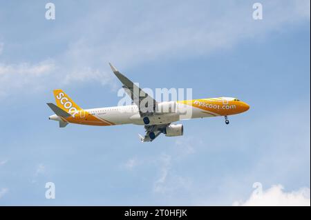 15.07.2023, Singapur, Republik Singapur, Asien - Ein Passagierflugzeug von Scoot Airlines Airbus A321 Neo nähert sich dem Flughafen Changi zur Landung an. Stockfoto