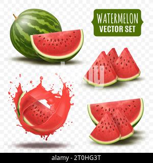 3D Wassermelone. Wassermelonenscheibe und ganze, Sommer rote Saft Lebensmittel, natürliche Beeren Logo, Stück Obst im Spritzer, Cocktail und Saft, Dessert oder Eis Element. Vektor isolierte realistische Symbolgruppe Stock Vektor