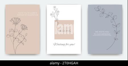Hochzeitseinladung. Grußkarte mit Blumenmuster, botanisches Poster oder Banner. Vorlage für Social-Media-Beiträge. Eleganter Hintergrund mit Kopierraum. Sommerstrauß. Strichblumen, Vektor Hand gezeichnete Illustration Stock Vektor