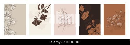 Magnolienblüten. Blumenkunst, minimalistische tropische Pflanzen, Frühlingsgarten-Tattooelemente. Social-Media-Posts und -Geschichten im Hintergrund. Botanisches Banner und Poster. Moderner Vektor-Hintergrund Stock Vektor