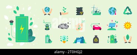 ECO-Symbole. Grüne Natur, Umweltschutz, umweltfreundlich, Poster zum Recycling und zum Nullmüll, Umweltschutz. Logo, Etikett und Abzeichen. Ökologischer Druck. Vektor-Cartoon flache Art isolierte Illustration Stock Vektor