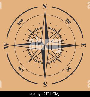 Kompass. Windrose mit Nordausrichtung, antikes Logo für Seefahrtsausrüstung. Kartographisches und geografisches Konturzeichen. Schwarze Silhouette eines klassischen nautischen Instruments. Vektorabbildung Stock Vektor