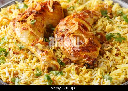 Asiatisches Essen Hähnchenschenkel mit gebratener Zwiebel braten und mit Polao-Closeup auf dem Teller auf dem Tisch garnieren. Horizontal Stockfoto