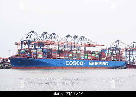 (231007) -- PEKING, 7. Oktober 2023 (Xinhua) -- Ein Containerschiff der chinesischen COSCO Shipping Docks im Hafen von Rotterdam, Niederlande, 1. Mai 2023. Die in Dirks Haus installierten solarbetriebenen Anlagen aus China kamen auf dem Seeweg im Hafen von Rotterdam an, bevor sie nach Deutschland überführt wurden. Dirk Heil, der in der kleinen Stadt Schwarzenbek in Schleswig-Holstein lebt, hat in den letzten Monaten Solargeräte chinesischer Unternehmen eingesetzt. Dank der Belt and Road Initiative sind diese qualitativ hochwertigen und preisgünstigen Produkte aus China in die deutschen Haushalte eingedrungen b Stockfoto