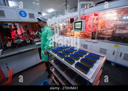 (231007) -- PEKING, 7. Oktober 2023 (Xinhua) -- Ein Mitarbeiter überprüft den Betrieb der Ausrüstung in der Werkstatt der Hengdian Group DMEGC Magnetics Co., Ltd. In Dongyang, ostchinesischer Provinz Zhejiang, 18. April 2023. Dirk Heil, der in der kleinen Stadt Schwarzenbek in Schleswig-Holstein lebt, hat in den letzten Monaten Solargeräte chinesischer Unternehmen eingesetzt. Dank der Belt and Road Initiative sind diese qualitativ hochwertigen und preisgünstigen Produkte aus China auf dem Seeweg oder durch den Transport von China-Europa-Güterzügen in die deutschen Haushalte gelangt.Hengdian Group DMEGC Ma Stockfoto