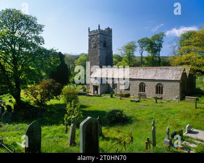 Blick auf die Kirche (Turm C14, S-Gang C15) und die Tierwelt des Kirchhofs von St Julitta in Lanteglos-by-Camelford, Cornwall, England, Großbritannien. Stockfoto