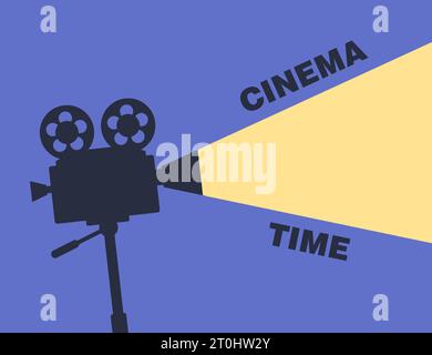 Retro-Filmprojektor mit Rollen. Filmen Sie das Kameraband mit Lichtstrahl, und platzieren Sie es für Text. Silhouette eines klassischen Kinoprojektors oder Camcorders auf einem Stativ Stock Vektor