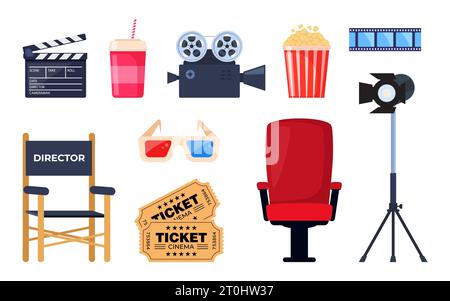 Kinoelemente. Tickets, Popcorn-Eimer, 3D-Brille, Schautafeln, Montageband, Videokamera. Vektorillustration für Kino, Filmindustrie, Stock Vektor