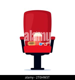 Roter Kinosessel mit Limonade, Popcorn und 3D-Gläsern. Kinoplakat, Bannerdesign für Kino. Vektorabbildung Stock Vektor