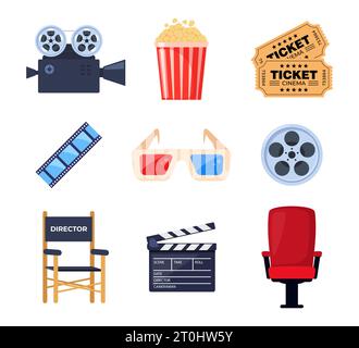 Kinoelemente. Tickets, Popcorn-Eimer, 3D-Brille, Schautafeln, Montageband, Videokamera. Vektorillustration für Kino, Filmindustrie, Stock Vektor