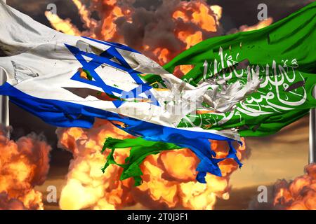 Augsburg, Bayern, Deutschland. Oktober 2023. Symbolischer Imagekrieg und Konflikt zwischen Isreal und Hamas. Flaggen zwischen Explosionen FOTOMONTAGE *** Symbolbild Krieg und Konflikt zwischen Isreal und Hamas. Zerissene Flaggen zwischen Explosionen FOTOMONTAGE Credit: Imago/Alamy Live News Stockfoto