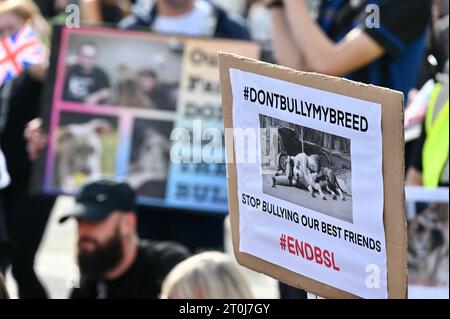 London, Großbritannien. 7. Oktober 2023. Demonstration gegen Rishi Sunaks Vorschlag für ein Verbot der Rasse American Bully XL nach einer Reihe von gewalttätigen Angriffen auf Mitglieder der Öffentlichkeit. Quelle: michael melia/Alamy Live News Stockfoto