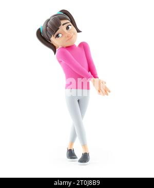 3D Mädchen mit schüchternem Ausdruck, Illustration isoliert auf weißem Hintergrund Stockfoto