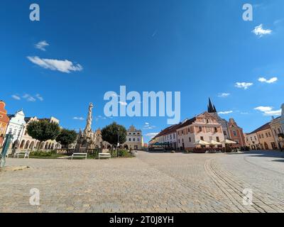 Telc-Stadt in der südlichen Tschechischen Republik. Bekannt für sein italienisches Renaissance-Architekturschloss, ehemals ein gotisches Schloss, Altstadtplatz und Säulen Stockfoto