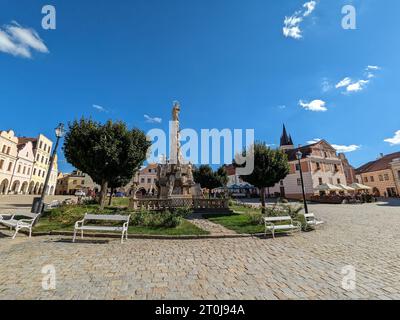 Telc-Stadt in der südlichen Tschechischen Republik. Bekannt für sein italienisches Renaissance-Architekturschloss, ehemals ein gotisches Schloss, Altstadtplatz und Säulen Stockfoto
