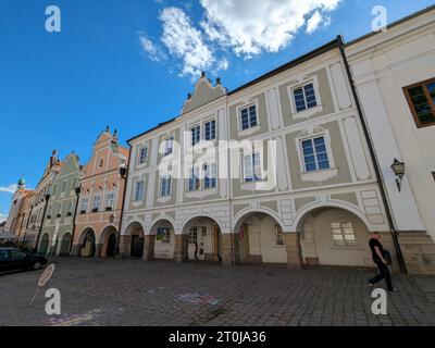 Telc-Stadt in der südlichen Tschechischen Republik. Bekannt für sein italienisches Renaissance-Architekturschloss, ehemals ein gotisches Schloss, Altstadtplatz und Säulen Stockfoto