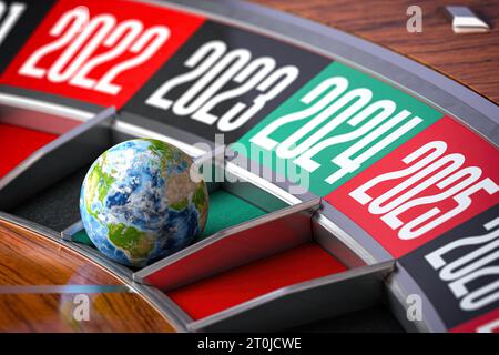 Neues 2024-jähriges Konzept. Erde oder Globus auf Nummer 2024 im Casino-Roulette. 3D-Abbildung Stockfoto