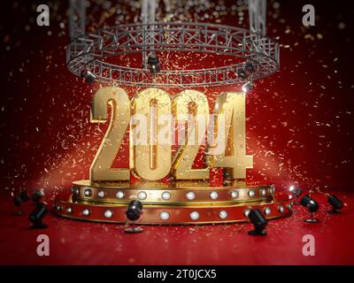 Happy New 2024 Year. 2024 auf einem Podium mit Spotlights und Konfetti. 3D-Abbildung Stockfoto