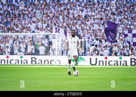 Madrid, Spanien. Oktober 2023. Antonio Rudiger (Real Madrid) spielte am 7. Oktober 2023 im Bernabeu-Stadion in Madrid, Spanien Stockfoto