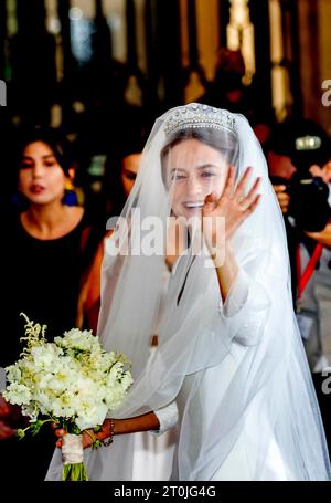 Mafra, Portugal. Oktober 2023. Prinzessin Maria Francisca de Braganza traf am 7. Oktober 2023 im Basílica Palacio de Mafra ein, um mit Duarte de Sousa Araujo Martins zu heiraten Stockfoto