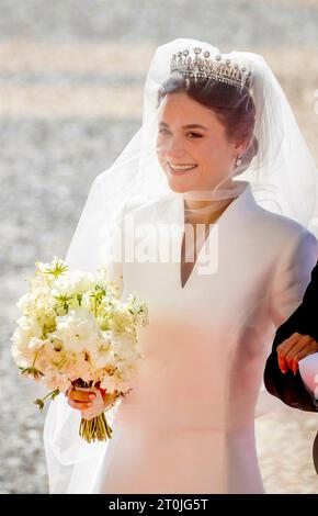 Mafra, Portugal. Oktober 2023. Prinzessin Maria Francisca de Braganza traf am 7. Oktober 2023 im Basílica Palacio de Mafra ein, um mit Duarte de Sousa Araujo Martins zu heiraten Stockfoto