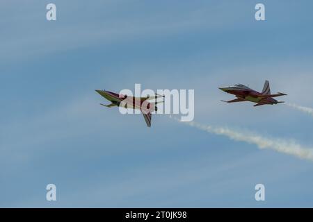 Mollis, Schweiz, 18. August 2023 Patrouille Suisse Northrop F-5E Tiger II Militärjet, der akrobatische Flüge während einer Flugschau durchführt Stockfoto